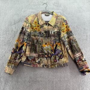 VTG Impulse California Jacket Women M Yellow Cityscape Button Front Long Sleeve